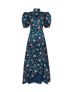 Mistress Midnight - Balloon sleeve blue floral Silk wrap dress