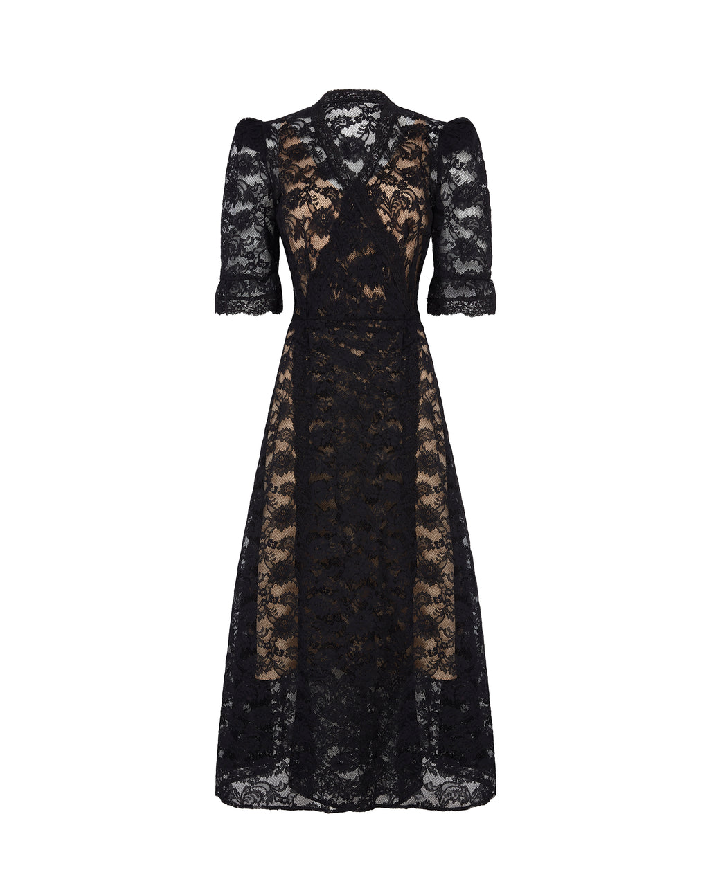 black and peach lace dress Vintage 1950s Black Lace Ruffled Party Dress - Peach Acetate Illusion