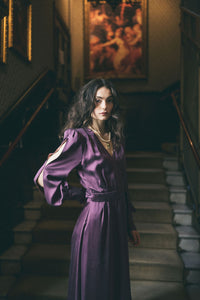 Queen of the Fae Slashed Sleeve Wrap Dress - Burgundy wine silk - Mignonnette London