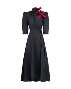 Charlotte Sometimes high collar cotton wrap dress - Black and ruby bow