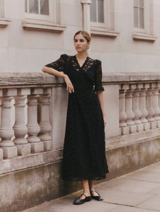 Divine Grace Long Wrap Dress - Nottingham black lace and peach silk Mignonnette London Divine Grace Long Wrap Dress - Nottingham black lace and peach silk Mignonnette London