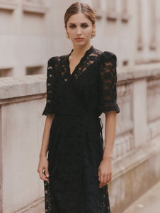 Divine Grace Long Wrap Dress - Nottingham black lace and black silk Mignonnette London Divine Grace Long Wrap Dress - Nottingham black lace and black silk Mignonnette London