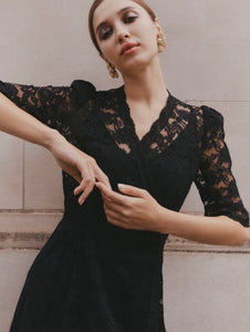 Divine Grace Long Wrap Dress - Nottingham black lace and peach silk