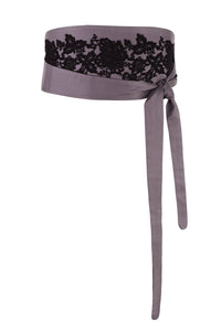 Floral Vine Lace Obi Belt - Black couture lace on grey - Mignonnette London