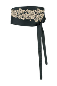 Floral Vine Lace Obi Belt - Gold couture lace on black - Mignonnette London