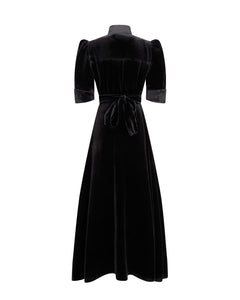 Madame Strangelove Long Wrap Dress - Black velvet and burgundy wine silk - Mignonnette London