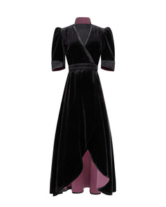 Madame Strangelove Long Wrap Dress - Black velvet and burgundy wine silk - Mignonnette London