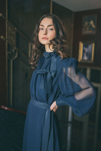 Miss Incognito High Wrap Dress - Ink blue georgette silk - Mignonnette London