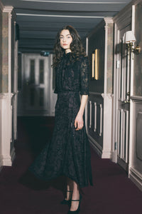 Odilia High Wrap Dress - Beaded black chiffon and dusky pink silk - Mignonnette London